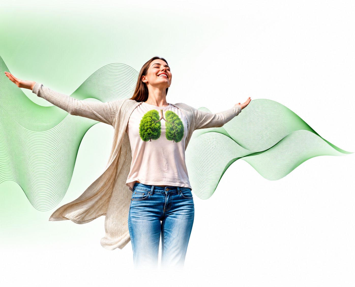 Illustration einer Frau mit grünen Lungen und Luftströmungen zur Halotherapie